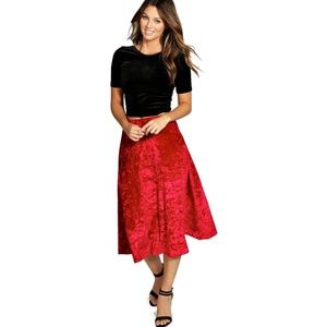 boohoo red velvet midi skirt size small 6 nwot